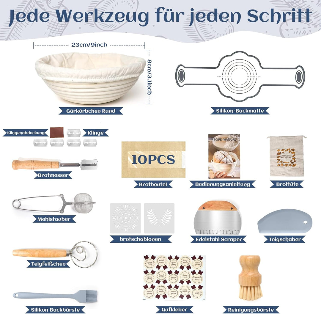 Gärkörbchen Für Sauerteig Starter Set, Gärkorb (23cm rund),100% natürlichem Rattan, inkl. Leineneins