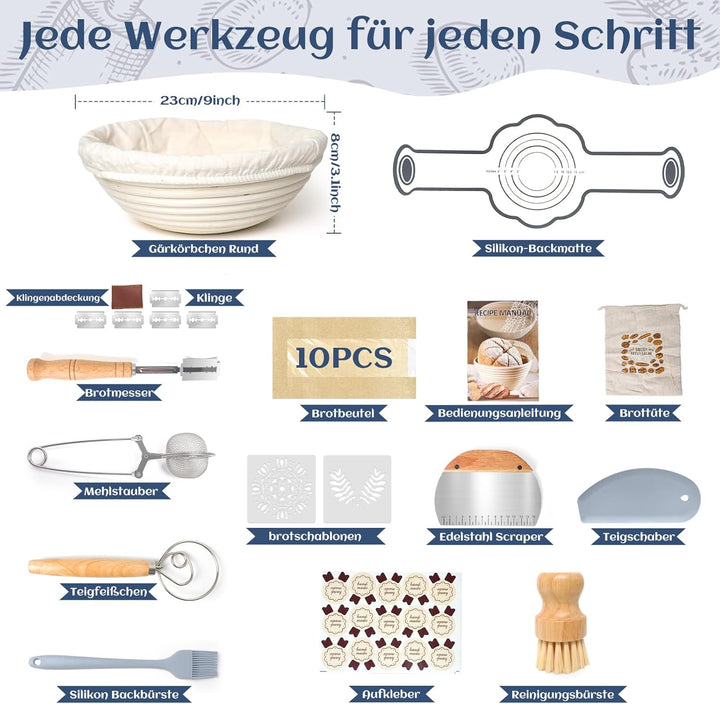 Gärkörbchen Für Sauerteig Starter Set, Gärkorb (23cm rund),100% natürlichem Rattan, inkl. Leineneins