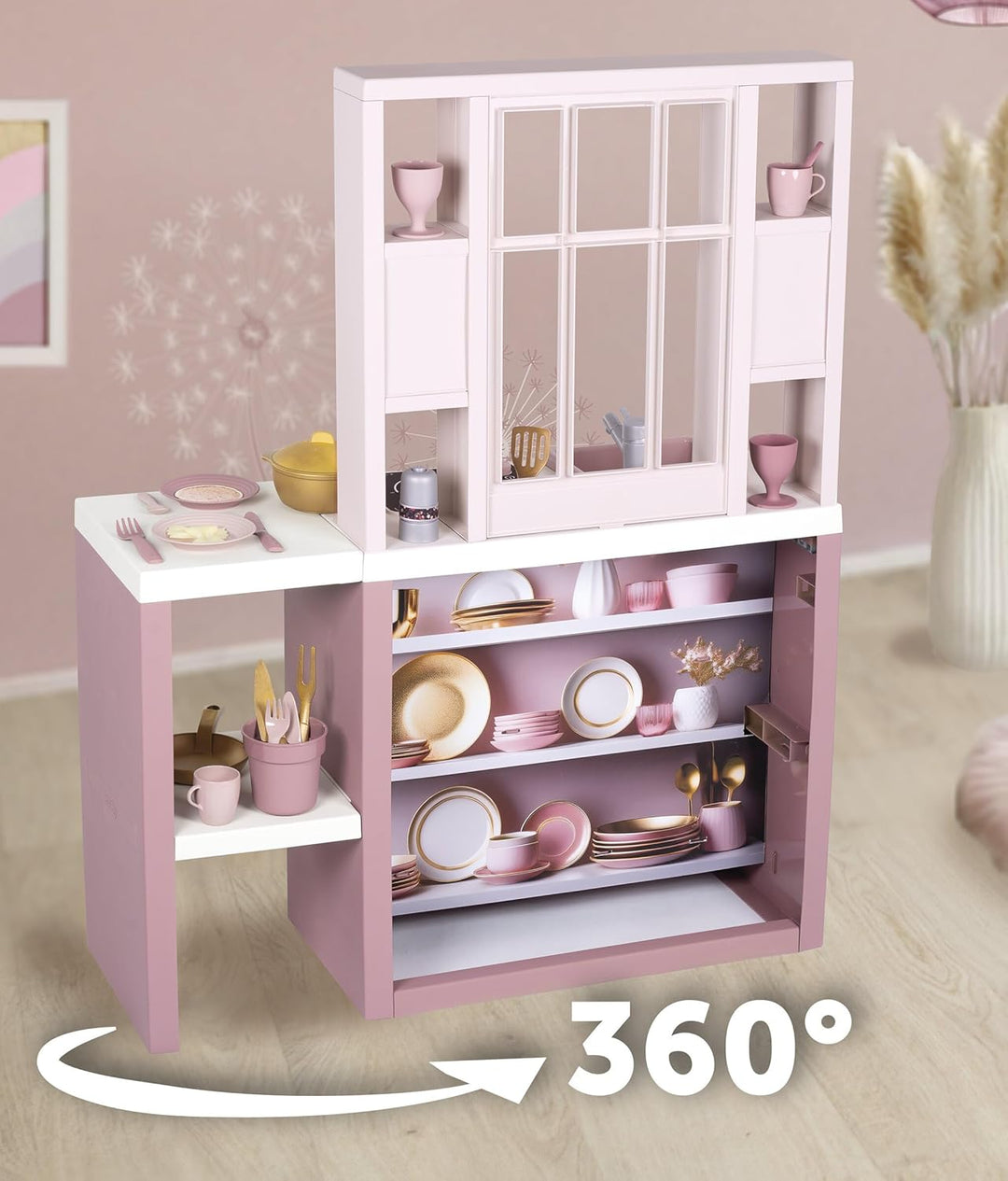 Smoby – Loft Spielküche Fleur – Kinderküche im modernen Loft-Stil mit Kochfeld, Ofen, Kühlschrank &