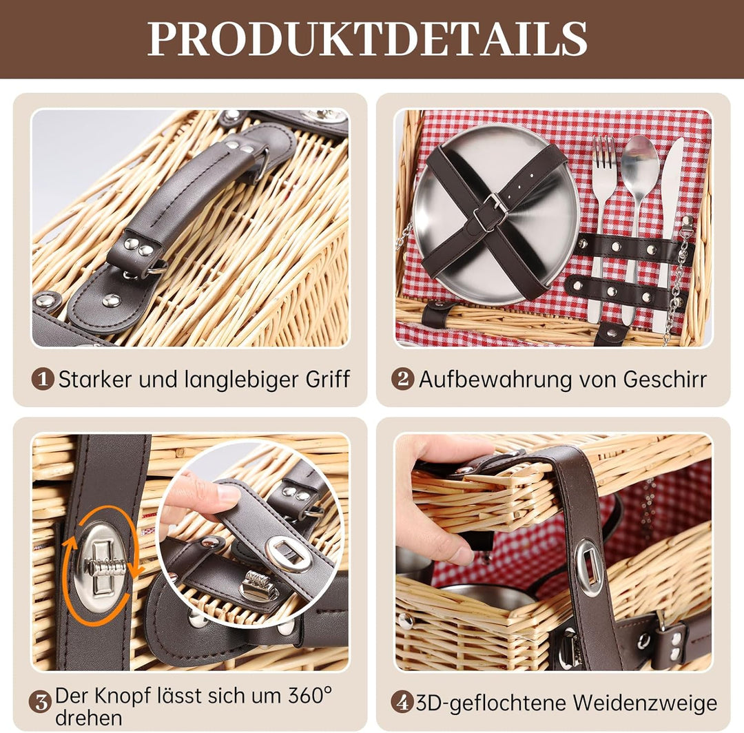 Weiden-Picknickkorb für 2 Personen, Weidenkorb mit Wasserfester Picknickdecke und Besteckset, Pickni