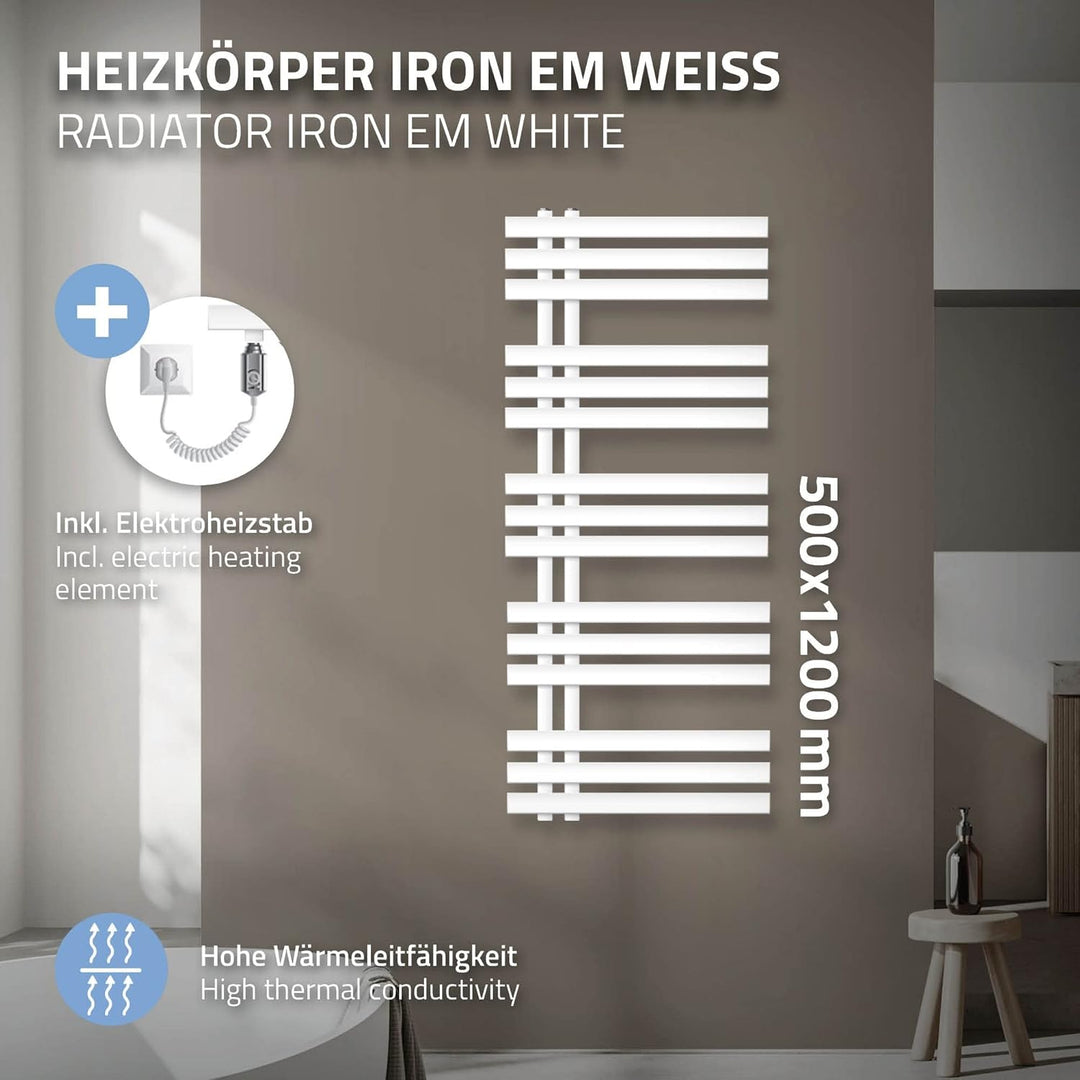 ECD Germany Iron EM Design Badheizkörper Elektrisch 900W - 500 x 1200 mm - Weiss - Heizkörper Handtu