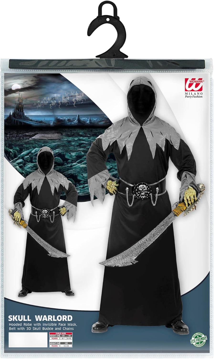 "SKULL WARLORD" (hooded robe with invisible face mask, belt with 3D skull buckle and chains) - (140