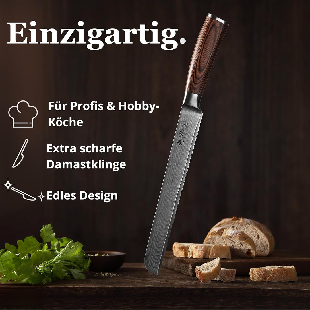 Wakoli EDIB Brotmesser Wellenschliff aus echtem Damaststahl (VG10 Kern) mit 23cm Klinge – Scharf & e