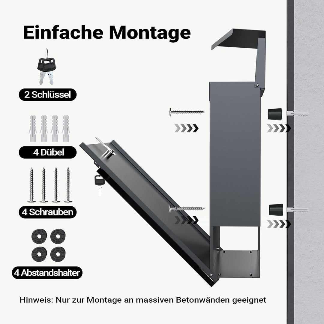 Wiltec Designer Briefkasten V23 anthrazit 370 x 105 x 370 mm, Wandbriefkasten mit Schloss und Zeitun