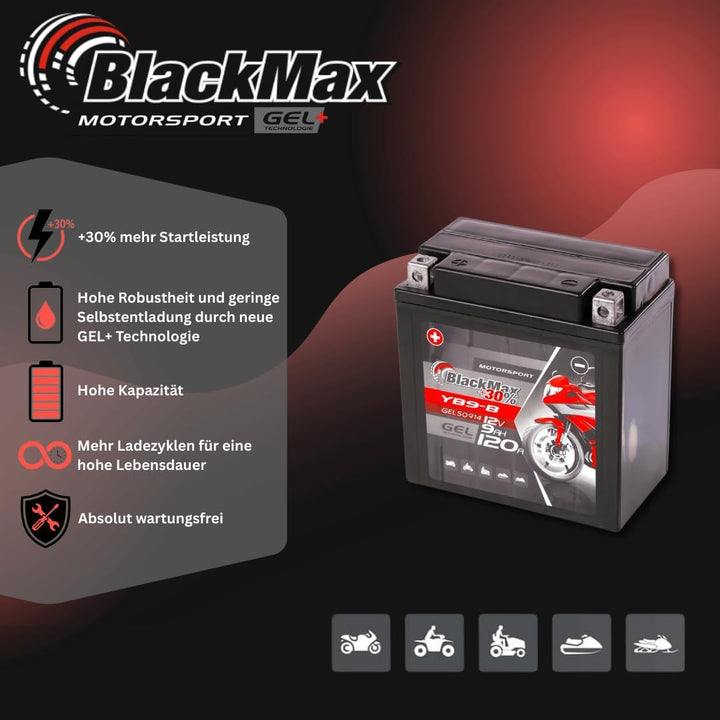 BlackMax YB9-B Motorradbatterie GEL 12V 9Ah Batterie YB9-BS CB9-B GM9Z 12N9-4B-1 9Ah - 120A - YB9-B,