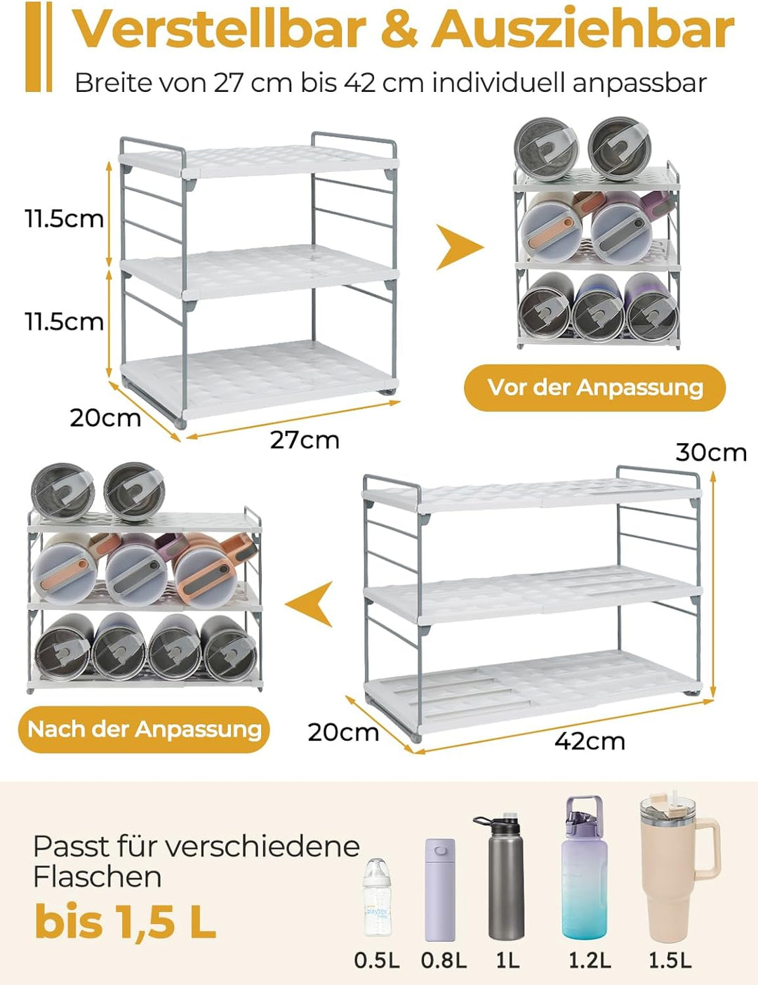 mepure 3-schichtiges verstellbares Flaschenregal für Küche und Kühlschrank, ausziehbarer Flaschen-Or