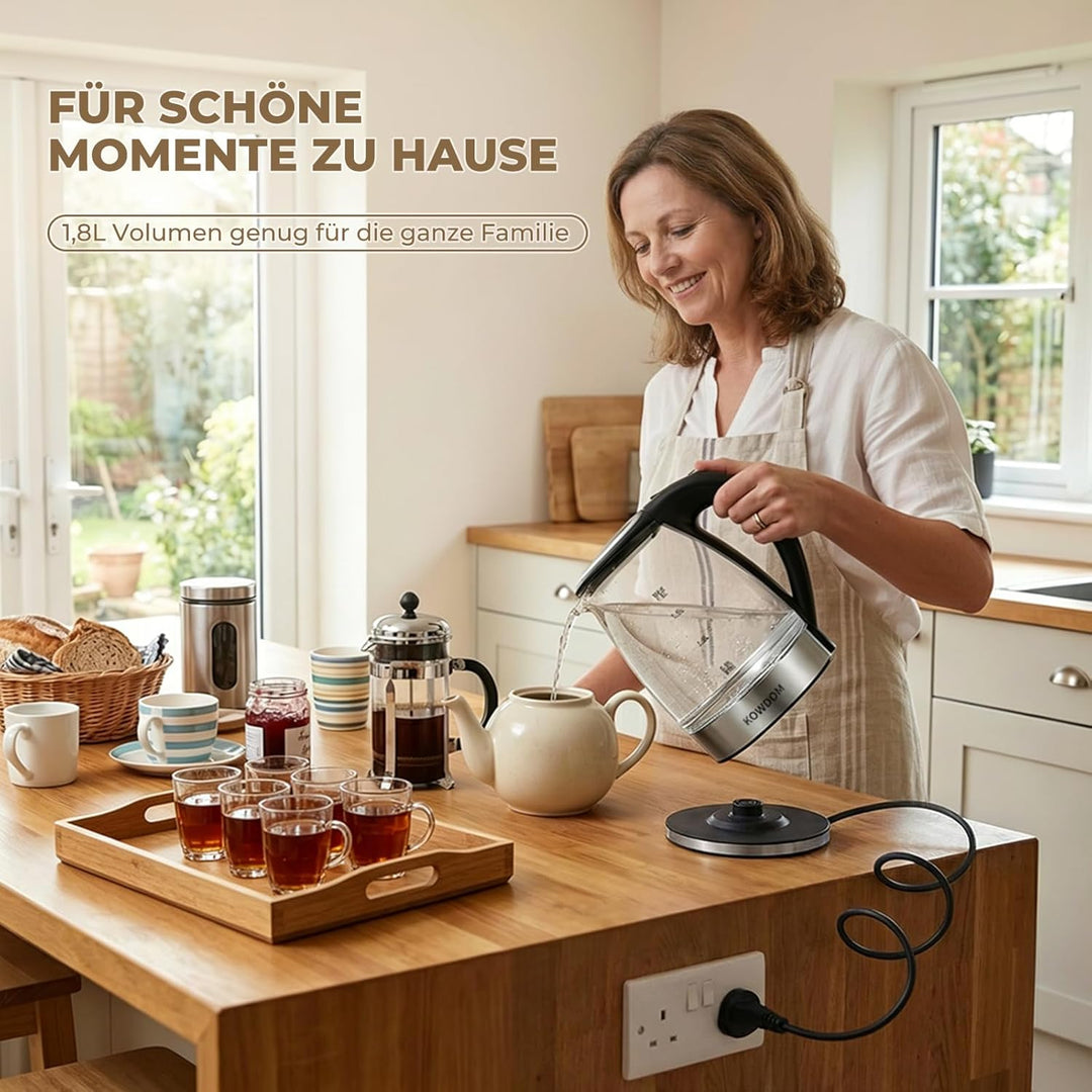 Glas-Wasserkocher 1,8L aus Borosilikatglas & BPA-frei - 2200W mit Blitzaufheizung | Automatische Abs