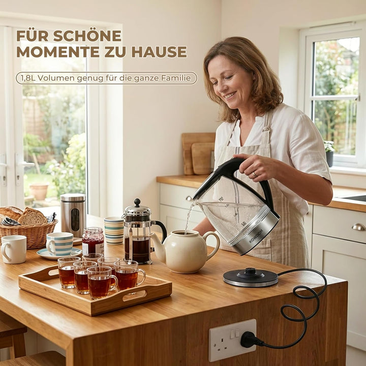 Glas-Wasserkocher 1,8L aus Borosilikatglas & BPA-frei - 2200W mit Blitzaufheizung | Automatische Abs