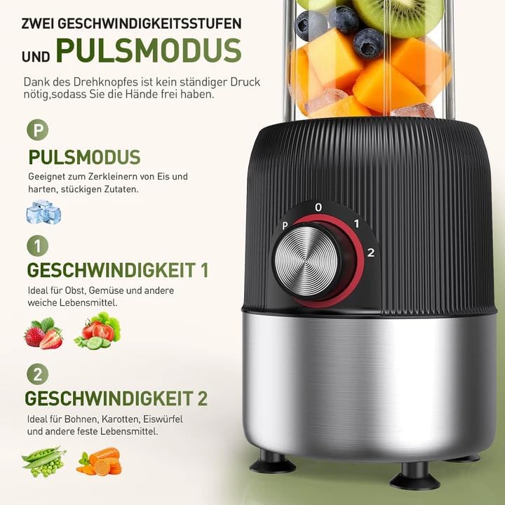 Ombrex Standmixer 500W & Smoothie Maker, Kompakter Blender für die Küche, 2 Mixbecher 750ml & 200ml,