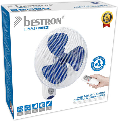 Bestron Wandventilator mit Fernbedienung, Dauernutzung von 7,5h, Höhe: 50 cm, Ø 40 cm, 45 W, Weiss