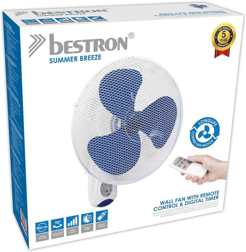 Bestron Wandventilator mit Fernbedienung, Dauernutzung von 7,5h, Höhe: 50 cm, Ø 40 cm, 45 W, Weiss