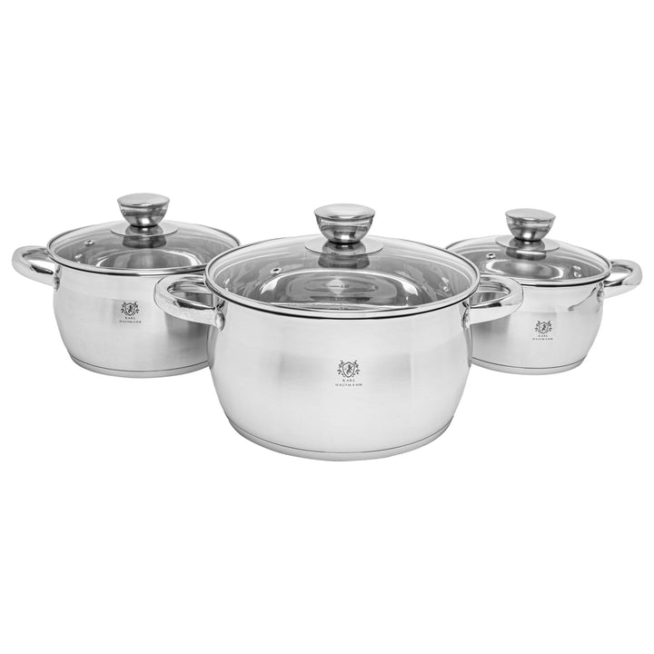 Topfset Induktion 3-teilig, Kochtopf Set mit Glasdeckel, Edelstahl mattiert, Induktions Töpfe Set un