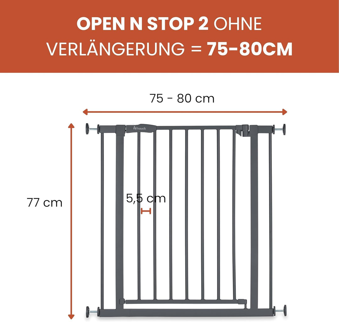 hauck Open N Stop 2, Dunkelgrau – Schutzgitter Treppe und Tür 75–80 cm – Kindersicheres Absperrgitte