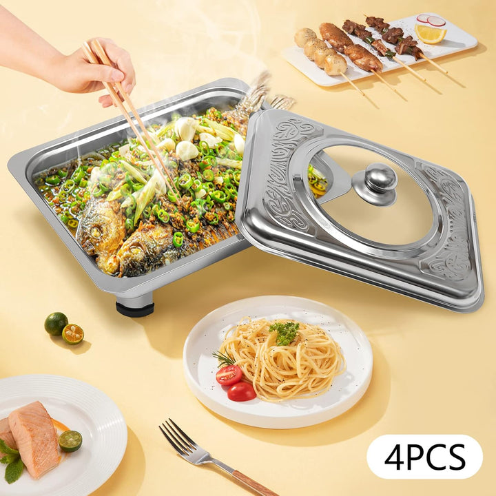 4 Stück Buffetwärmer Chafer Pan Buffet Tray mit Deckel Rechteckiges Chafing Dish Set Wärmebehälter S