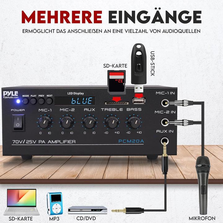 Pyle PA- Verstärker, Bluetooth Amplififer- 70 V/25 V mit 2 Mic- Eingängen, AUX, USB, SD, MP3, LED- D