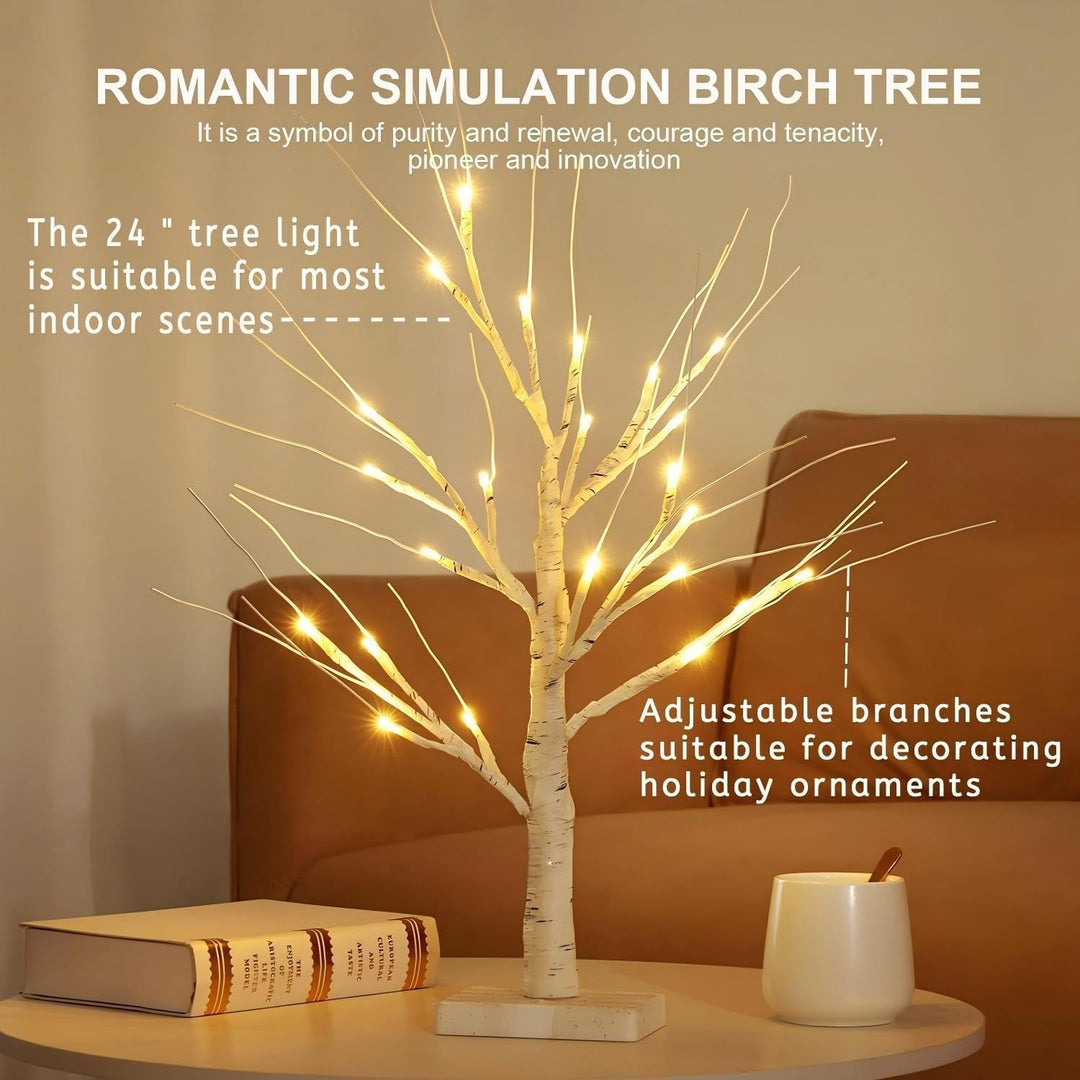 2er Set LED Baum Lichter Warmweiss, 60cm/2ft Birke LED Lichterbaum Innen mit 24 LEDs Licht, USB/Batt