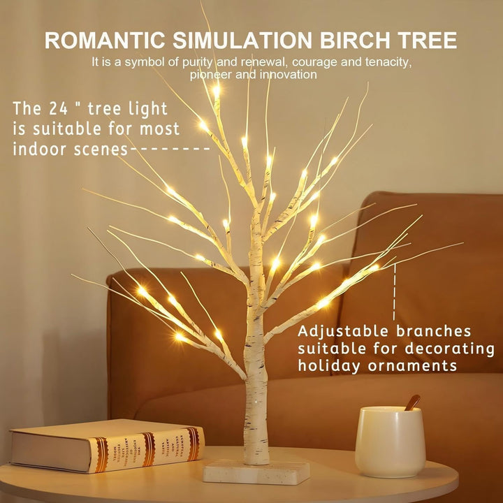 2er Set LED Baum Lichter Warmweiss, 60cm/2ft Birke LED Lichterbaum Innen mit 24 LEDs Licht, USB/Batt