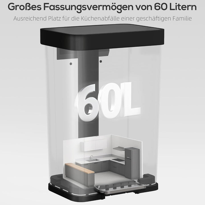HOMCOM Mülleimer Küche 60 L Treteimer mit Soft-Close-Deckel, Offenhaltefunktion und Pedal Abfalleime