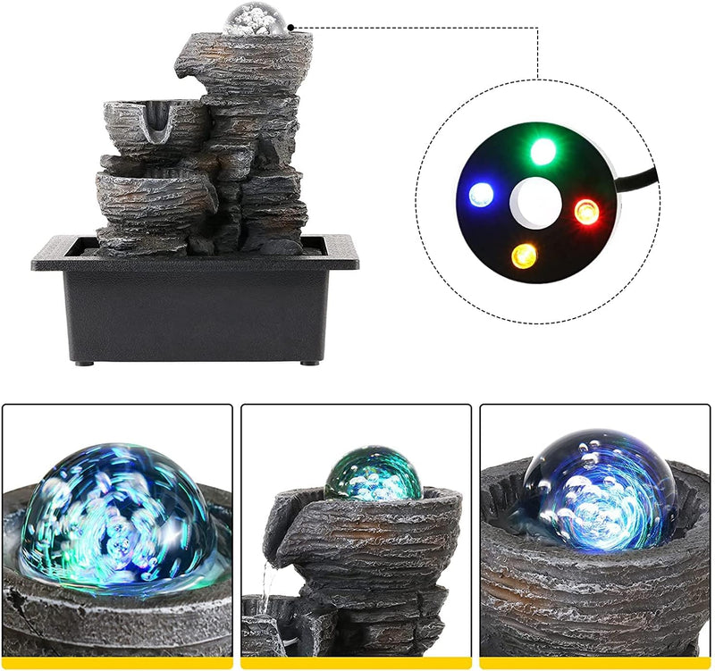 Dyna-Living Zimmerbrunnen Tischbrunnen mit Rollender Kugel, Brunnen Polyresin Springbrunnen LED-Bele