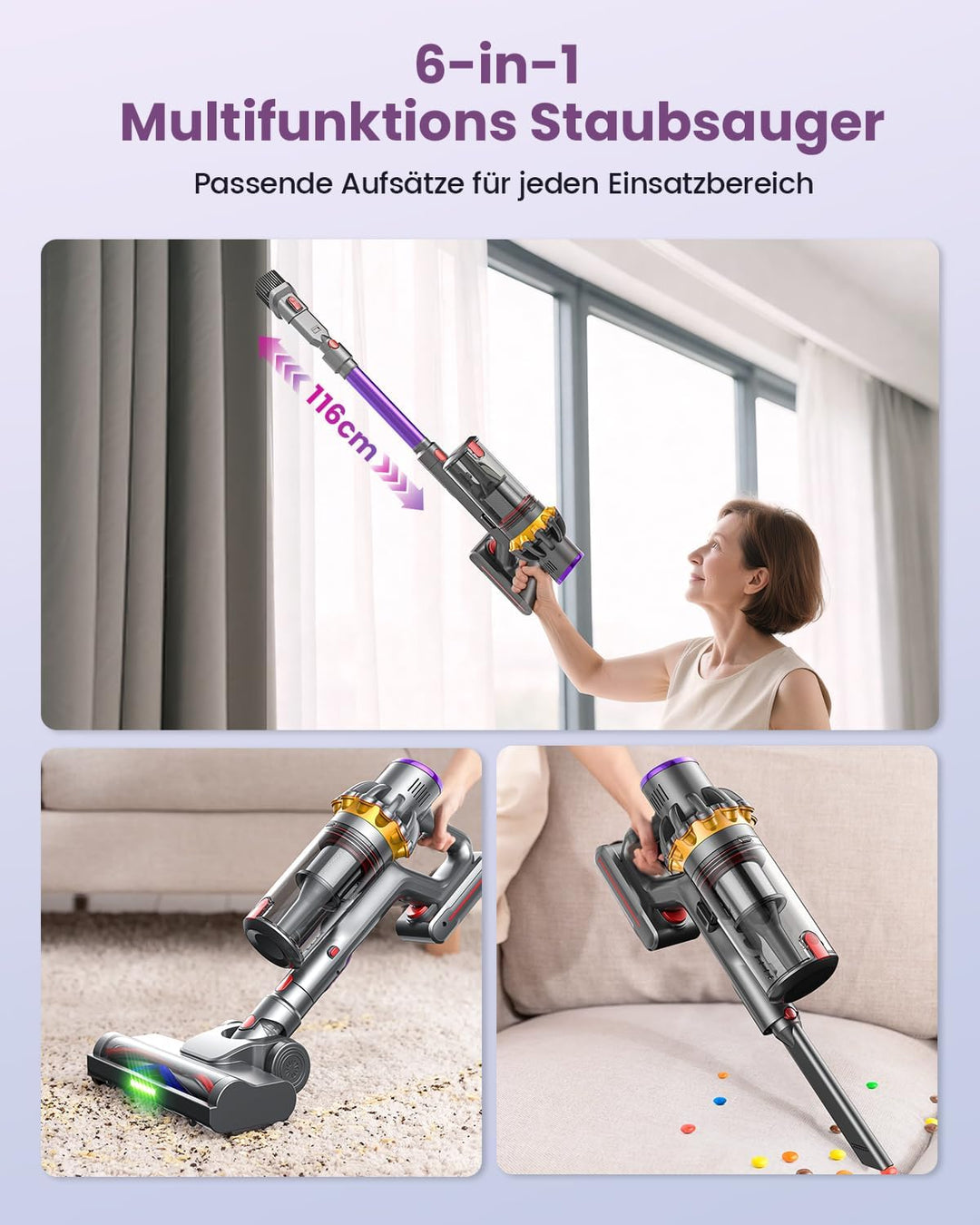 Akku Staubsauger 45000Pa/580W/70Mins, Ultraleichter Staubsauger Kabellos mit Anti-Tangle-Bodenbürste
