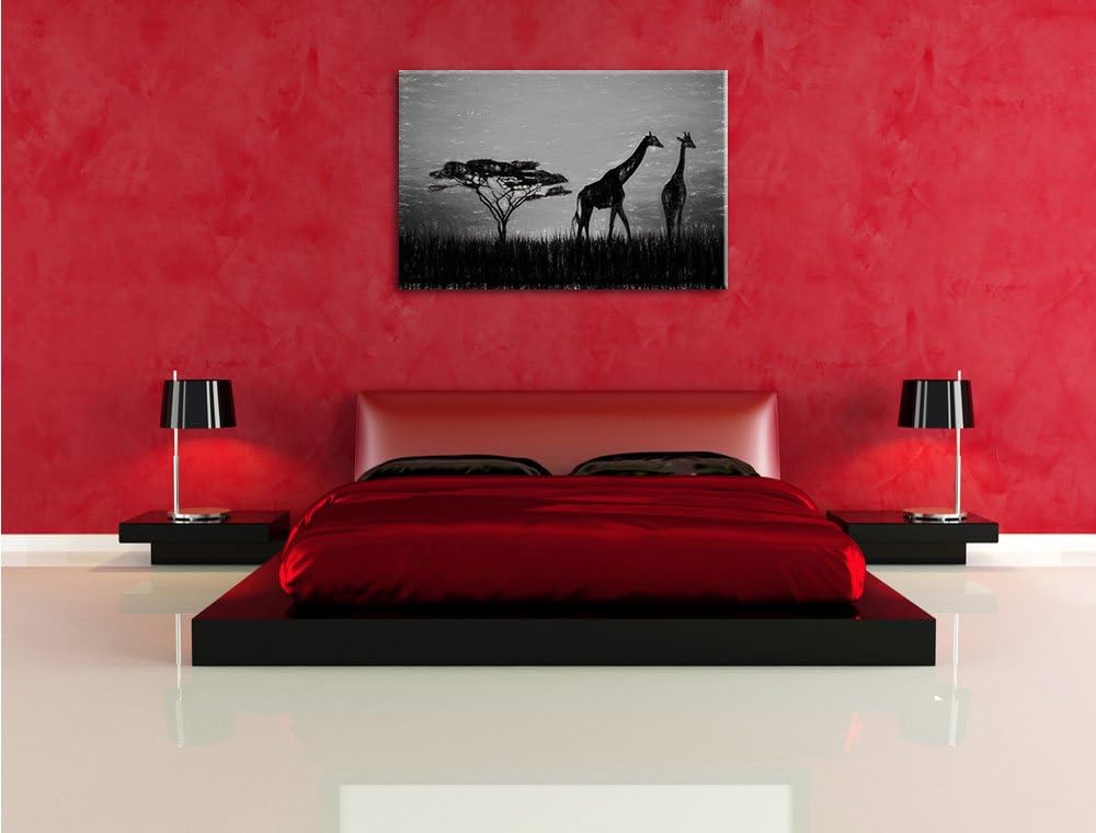 Pixxprint Giraffen im Sonnenuntergang als Leinwandbild/Grösse: 100x70 cm/Wandbild/Kunstdruck/fertig