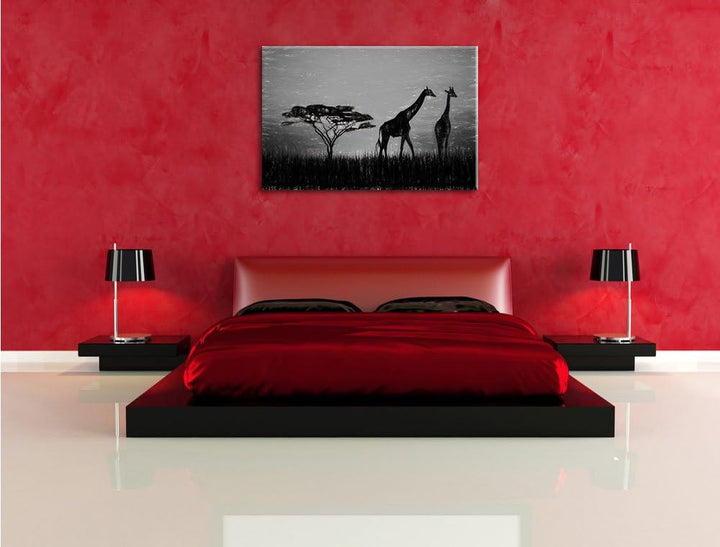 Pixxprint Giraffen im Sonnenuntergang als Leinwandbild/Grösse: 100x70 cm/Wandbild/Kunstdruck/fertig