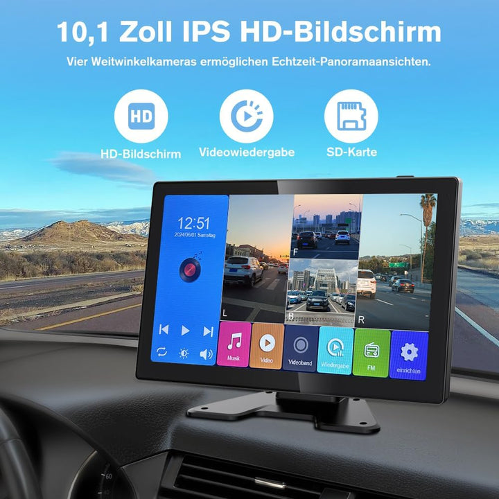 Junsun Rückfahrkamera 4 Kameras mit 10,1 Zoll Geteiltem Bildschirm HD Rückfahrmonitor für Auto, LKW,