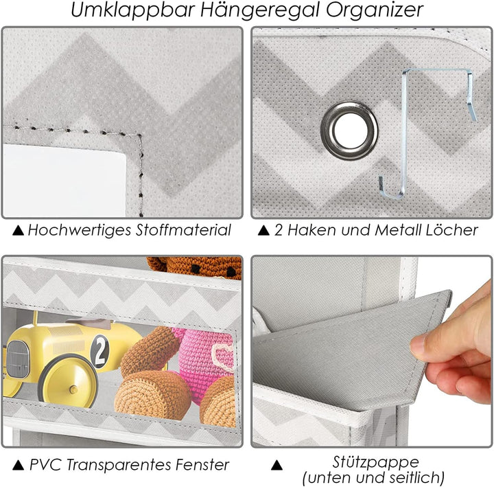 Hängeorganizer mit 6 Durchsichtigen Taschen, Hängeaufbewahrung mit 2 Haken, Hängeregal Schrankorgani