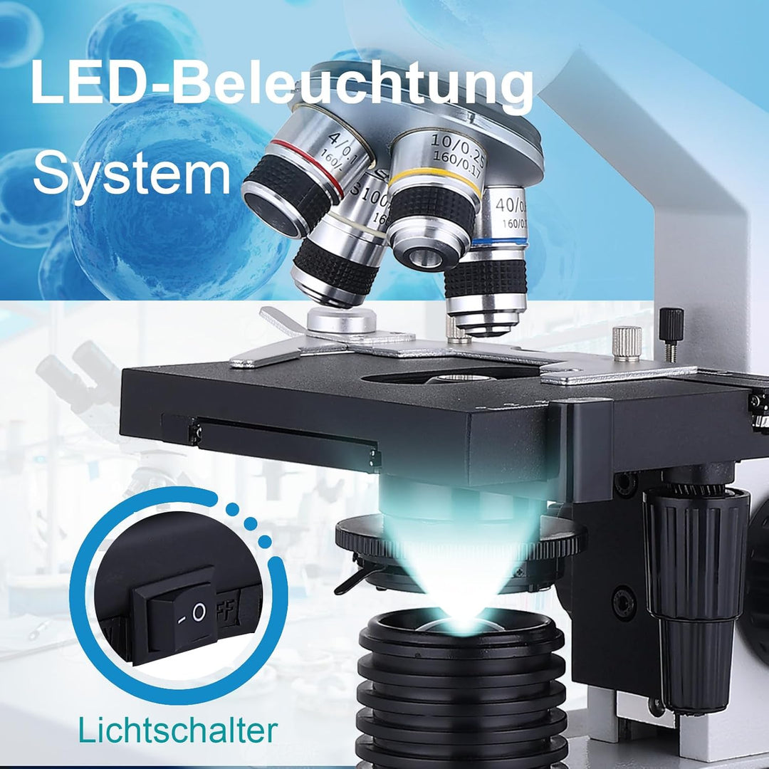 Mikroskop für Erwachsene 40x-2000x Verbundmikroskop mit Dual-LED-Beleuchtung für Schule, Zuhause, La