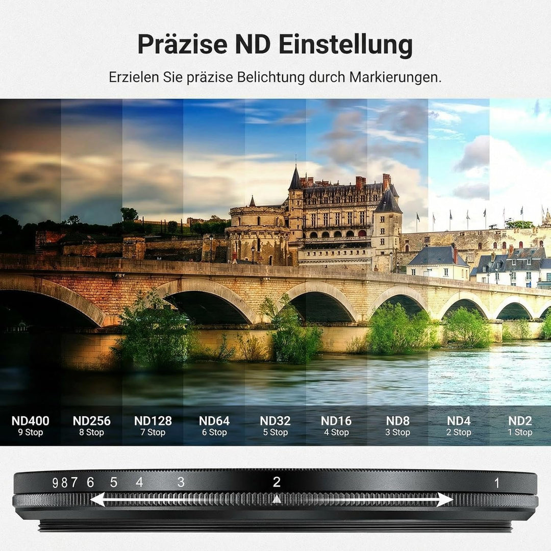 NEEWER BASICS 55mm variabler ND Filter, ND2-400 1-9 Stops Lichtreduzierung, drehbarer variabler Grau