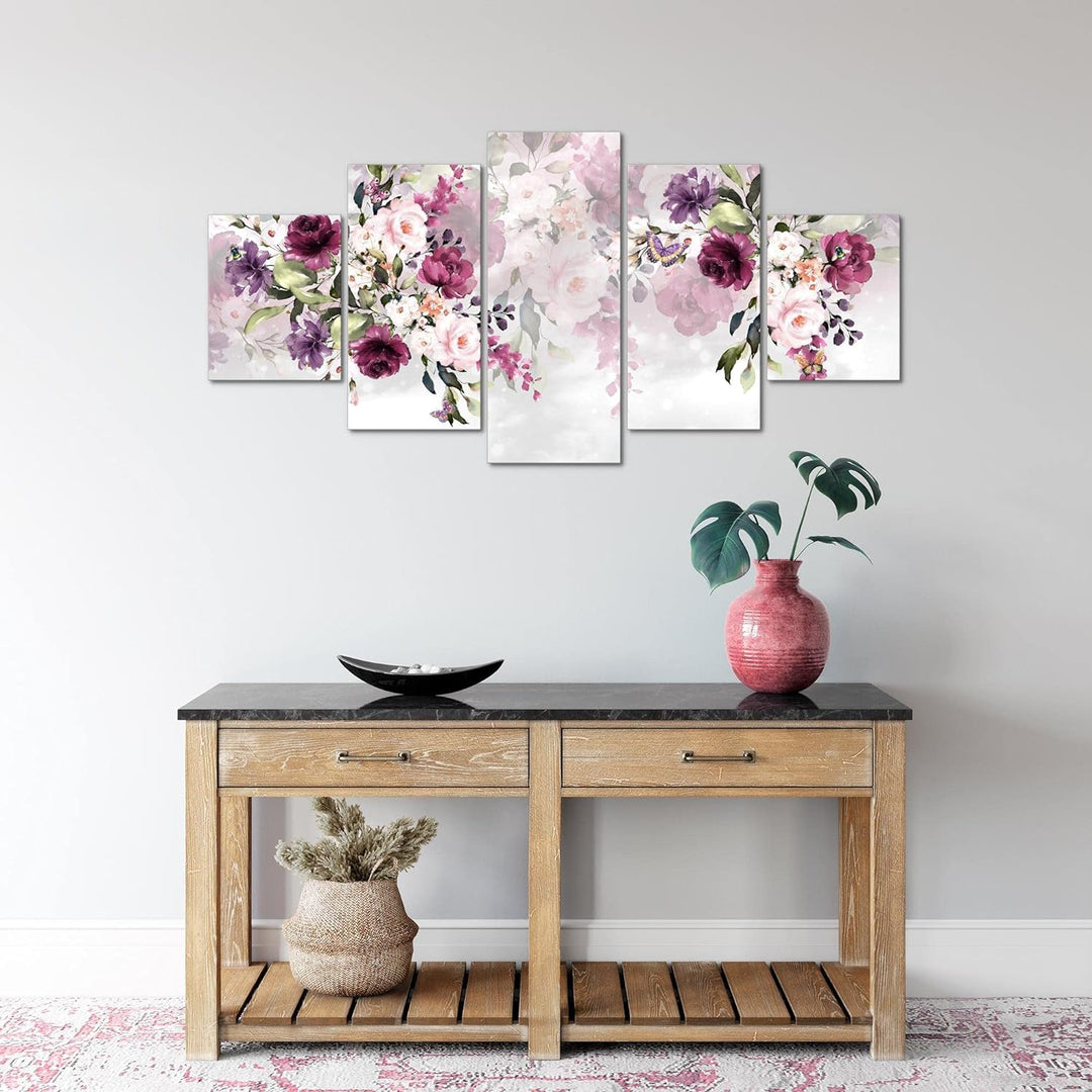 Runa Art Wandbilder Blumen 5 Teilig Bild auf Vlies Leinwand Deko Wohnzimmer Blumenmotiv Rosa Lila 02