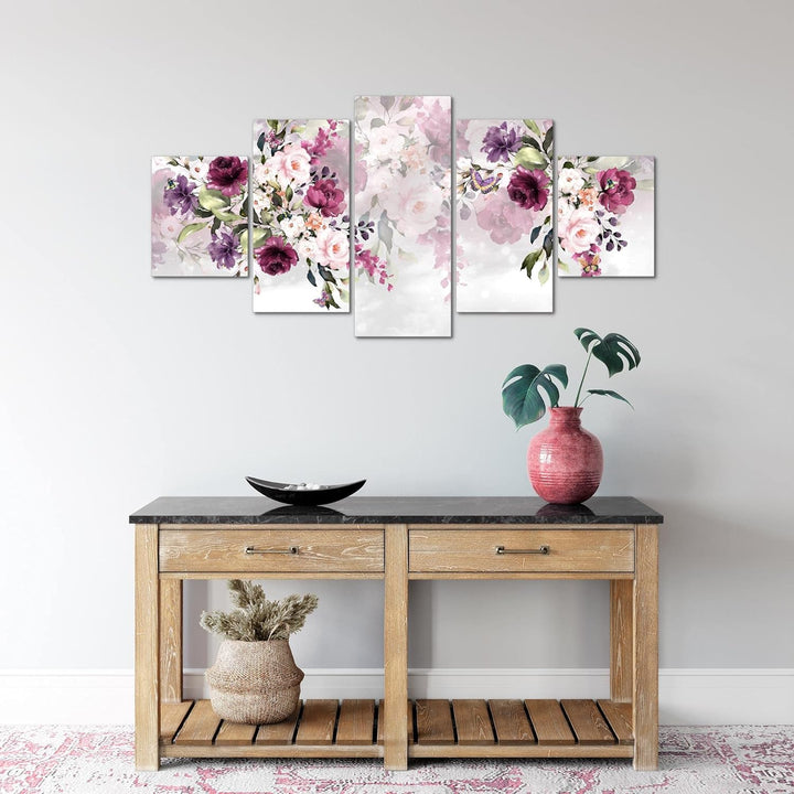 Runa Art Wandbilder Blumen 5 Teilig Bild auf Vlies Leinwand Deko Wohnzimmer Blumenmotiv Rosa Lila 02