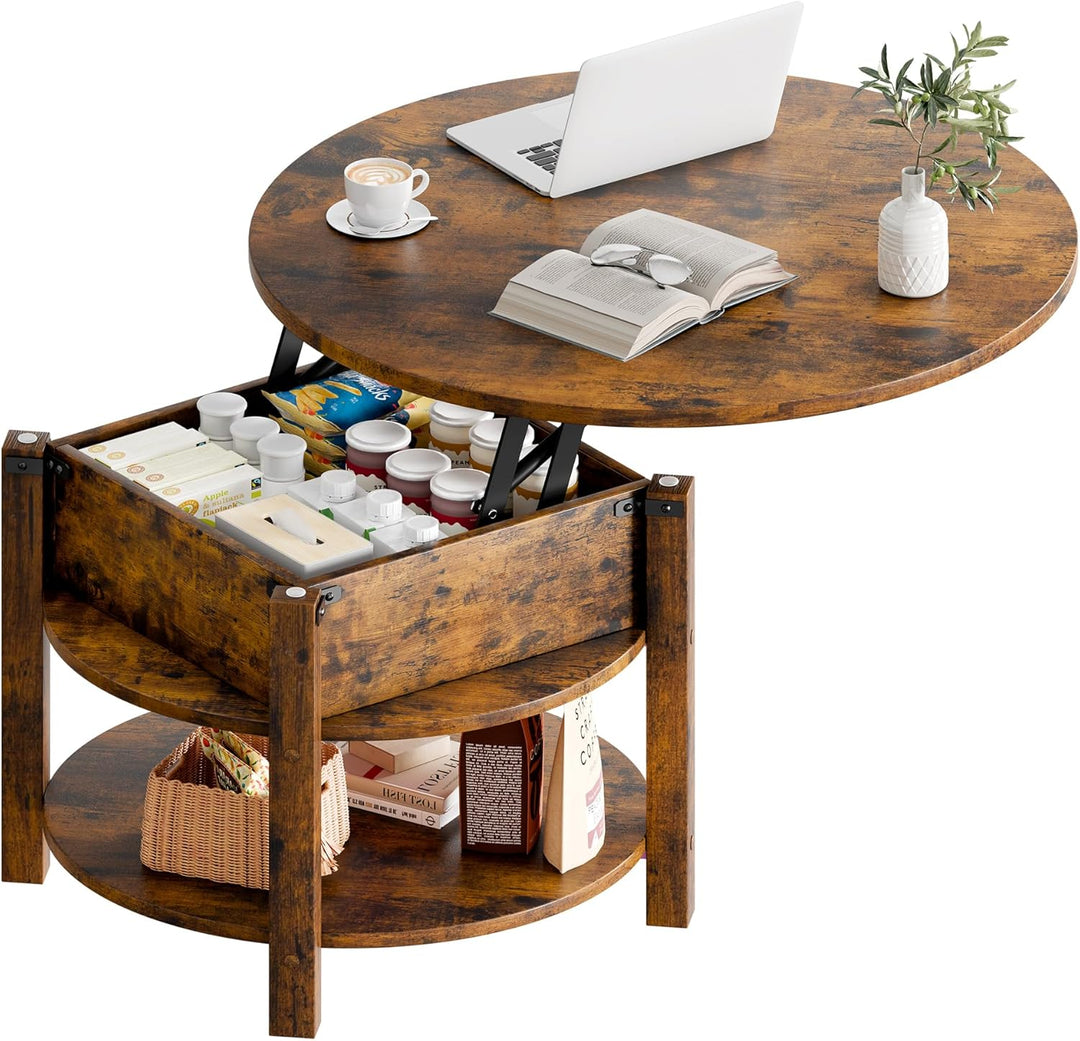 ELUCHANG Couchtisch Rund mit Hebeplatte, Couchtisch Höhenverstellbarer 2 in 1, Beistelltisch Wohnzim