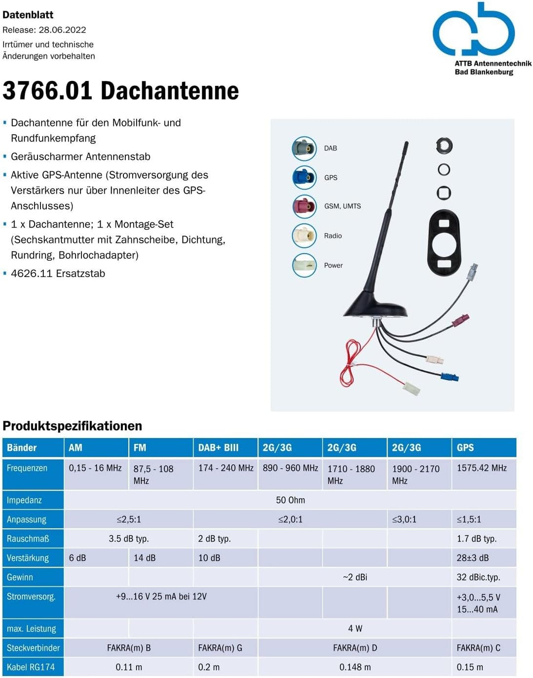 ATTB 3766.01 Dachantenne (AM/FM, DAB+, GSM, UMTS, GPS), Antennentechnik Bad Blankenburg, DAB Antenne