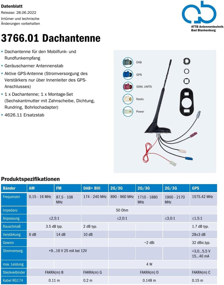ATTB 3766.01 Dachantenne (AM/FM, DAB+, GSM, UMTS, GPS), Antennentechnik Bad Blankenburg, DAB Antenne
