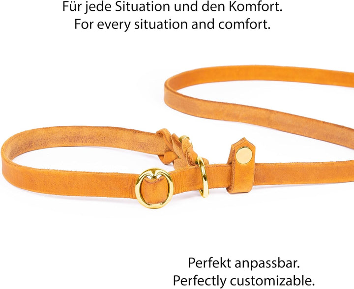 CopcoPet Retrieverleine mit Zugstopp für kleine Hunde – 1,20m x 10mm Moxonleine in Cognac – Fettlede