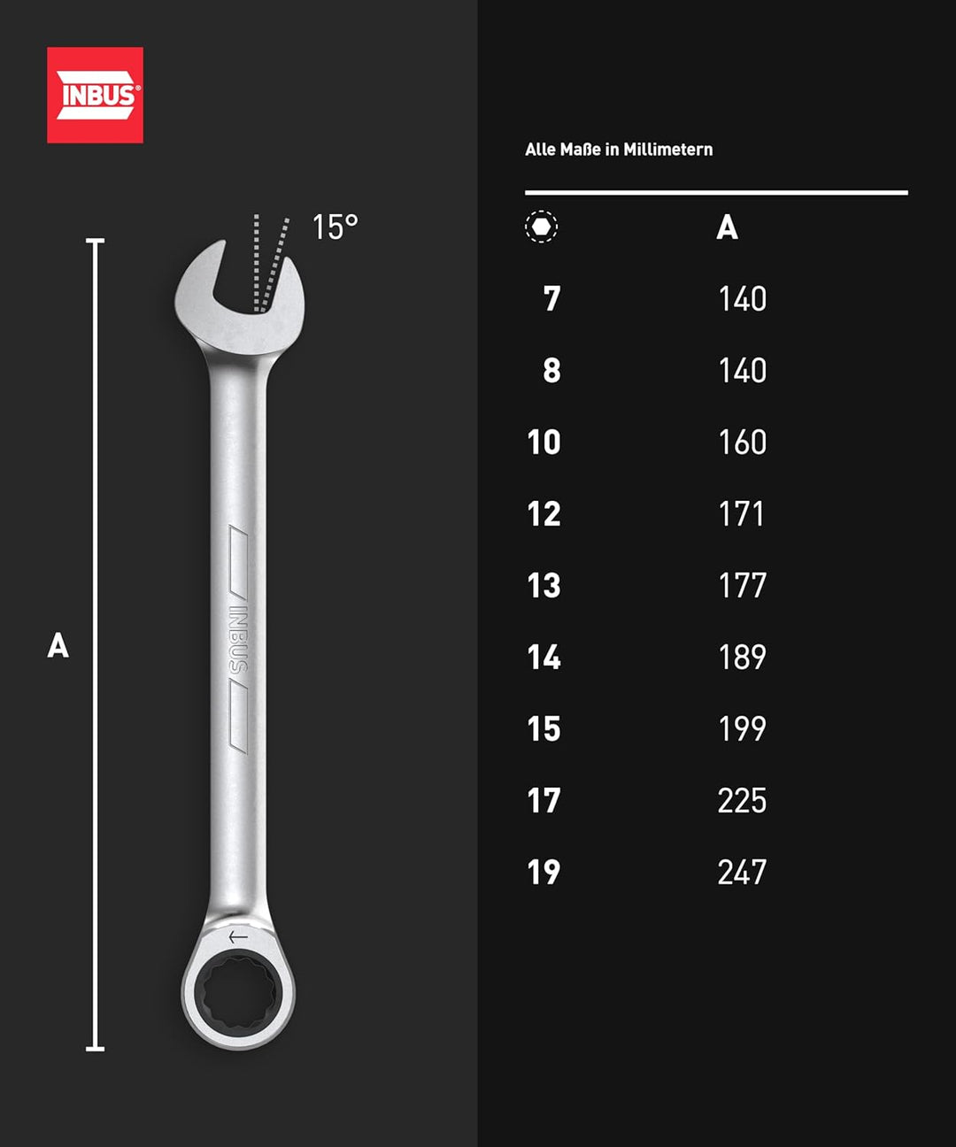 INBUS® 74377 Maul-Ringratschenschlüssel Set 9tlg, 7–19mm 9× (7 – 19 mm), 9× (7 – 19 mm)