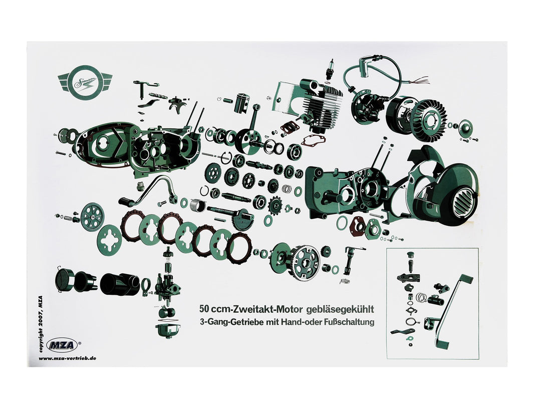 MZA Explosionsdarstellung Farbposter Simson Schwalbe KR51/1, Star SR4-2, 50ccm Zweitakt-Motor, 3 Gan