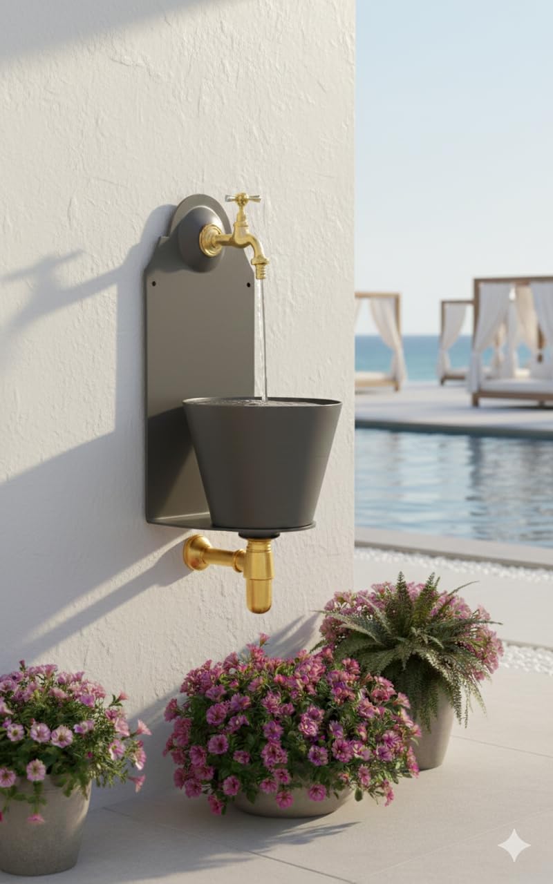 Brunnen mit Mauer aus Eisen mit Wasserhahn, Farbe Anthrazit