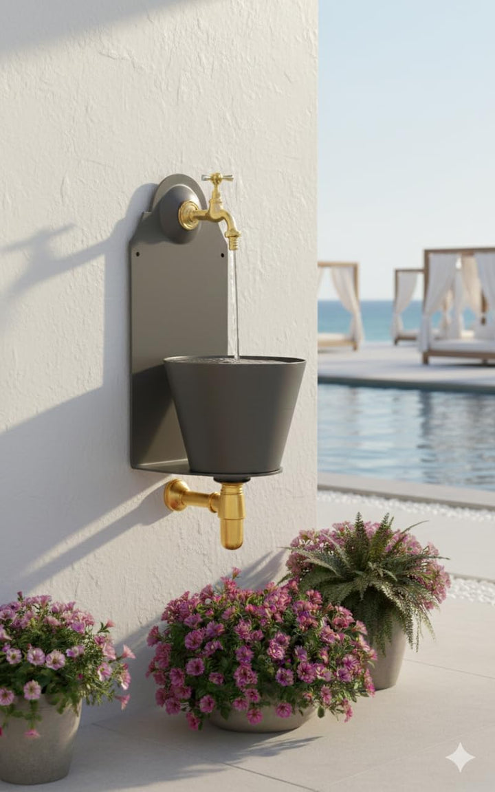 Brunnen mit Mauer aus Eisen mit Wasserhahn, Farbe Anthrazit