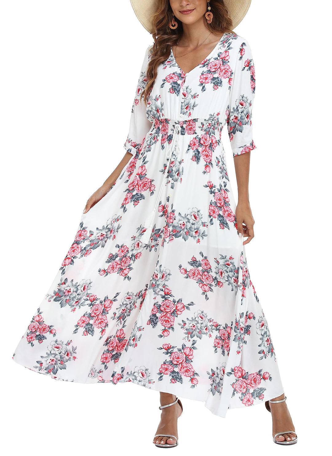 VOGMATE Damen Lange Split Knopf Up Sommer Maxikleid Floral Strandwear Holidy Kleid Hohe Taille mit k