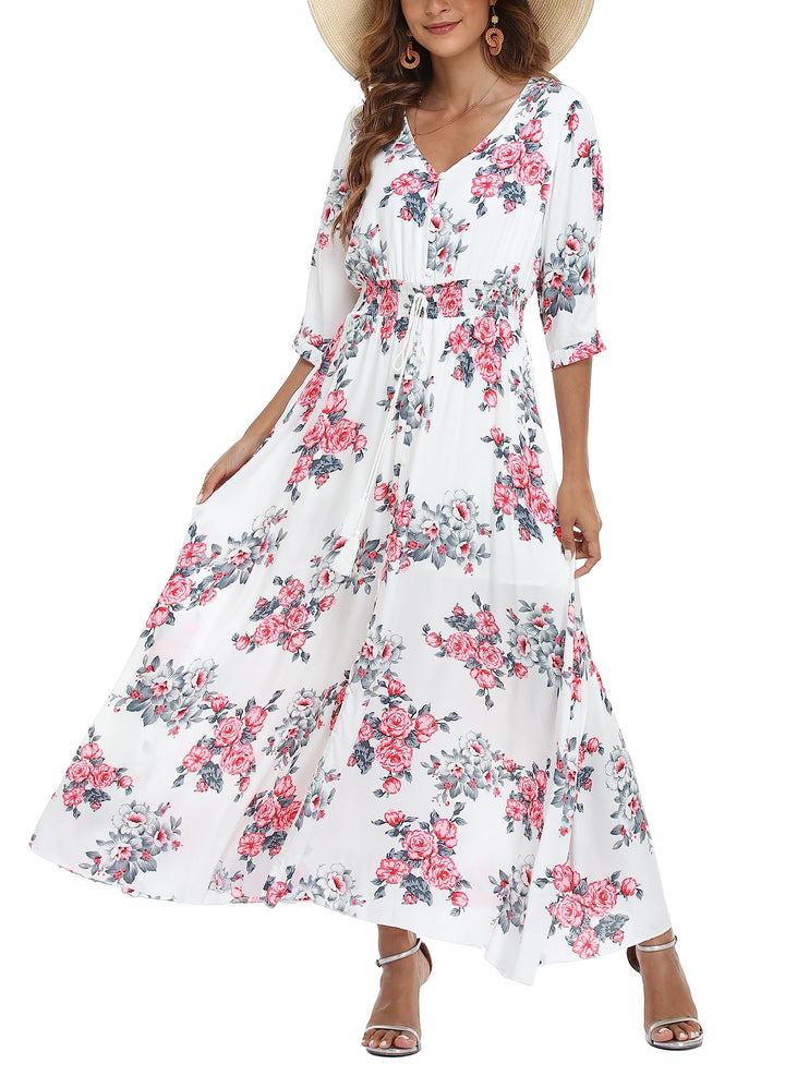 VOGMATE Damen Lange Split Knopf Up Sommer Maxikleid Floral Strandwear Holidy Kleid Hohe Taille mit k