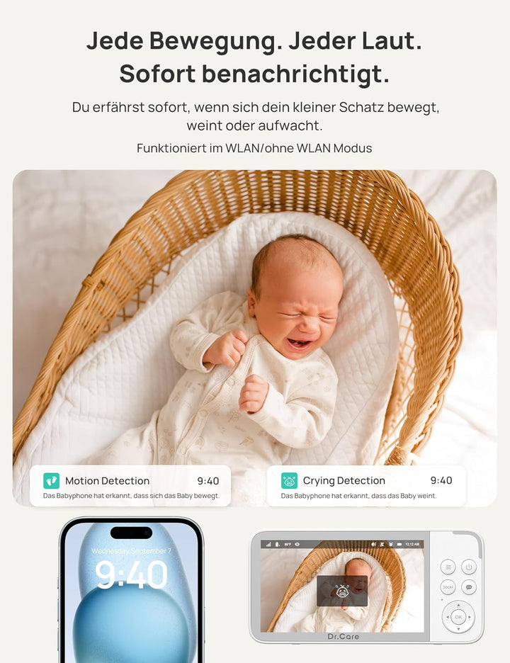 Dr.Care VistaView Smart WLAN Babyphone mit Kamera, 1080P HD, 2K Kamera, App-Steuerung, Bewegungs- &amp;
