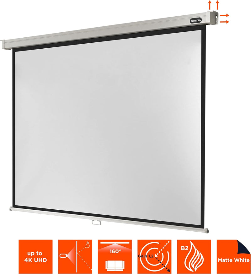 celexon manuell ausziehbare Heimkino- und Business-Beamer-Leinwand 4K und Full-HD Rollo-Leinwand Pro