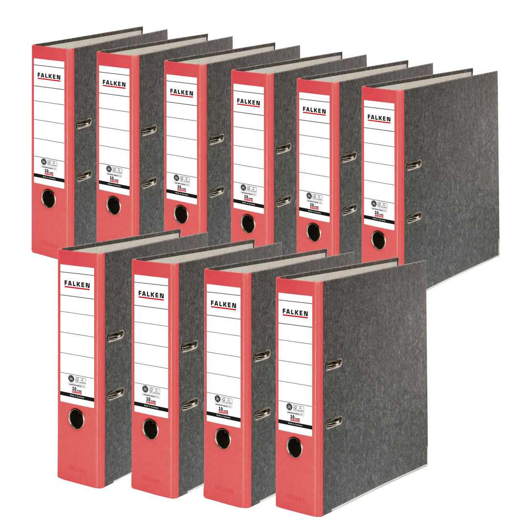 Original Falken 10er Pack Recycling-Ordner Wolkenmarmor. Made in Germany. 8 cm breit DIN A4 roter Rü