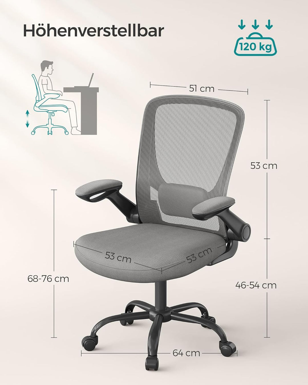 SONGMICS Bürostuhl ergonomisch, Drehstuhl mit Mesh, Lendenstütze, Wippfunktion, 53 cm grosse Sitzflä