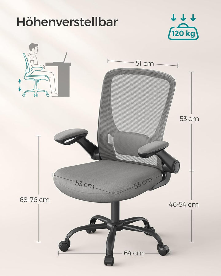 SONGMICS Bürostuhl ergonomisch, Drehstuhl mit Mesh, Lendenstütze, Wippfunktion, 53 cm grosse Sitzflä