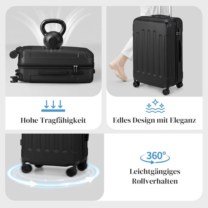 LEADZM Koffer Set 5 teilig Hartschale mit Kosmetikkoffer (Schwarz) | Kofferset mit verstärkten Ecken