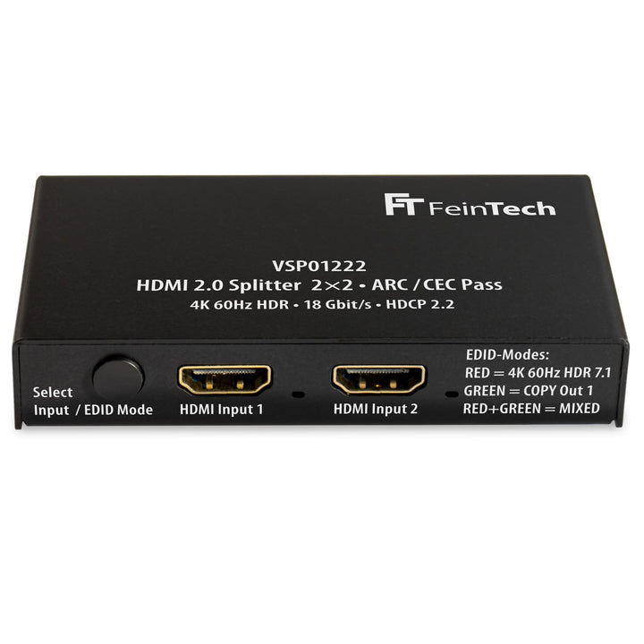 FeinTech VSP01222 HDMI 2.0 Splitter 2 Eingänge 2 Ausgänge Scaler ARC Pass für AV-Receiver 4K 60Hz