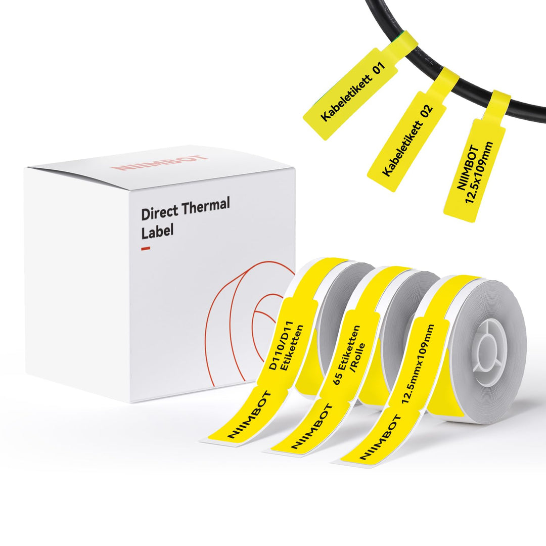 NIIMBOT Thermo Kabeletiketten, 12.5 x 109mm Etikettendrucker Thermo Papier Kompatibel mit dem D110 D